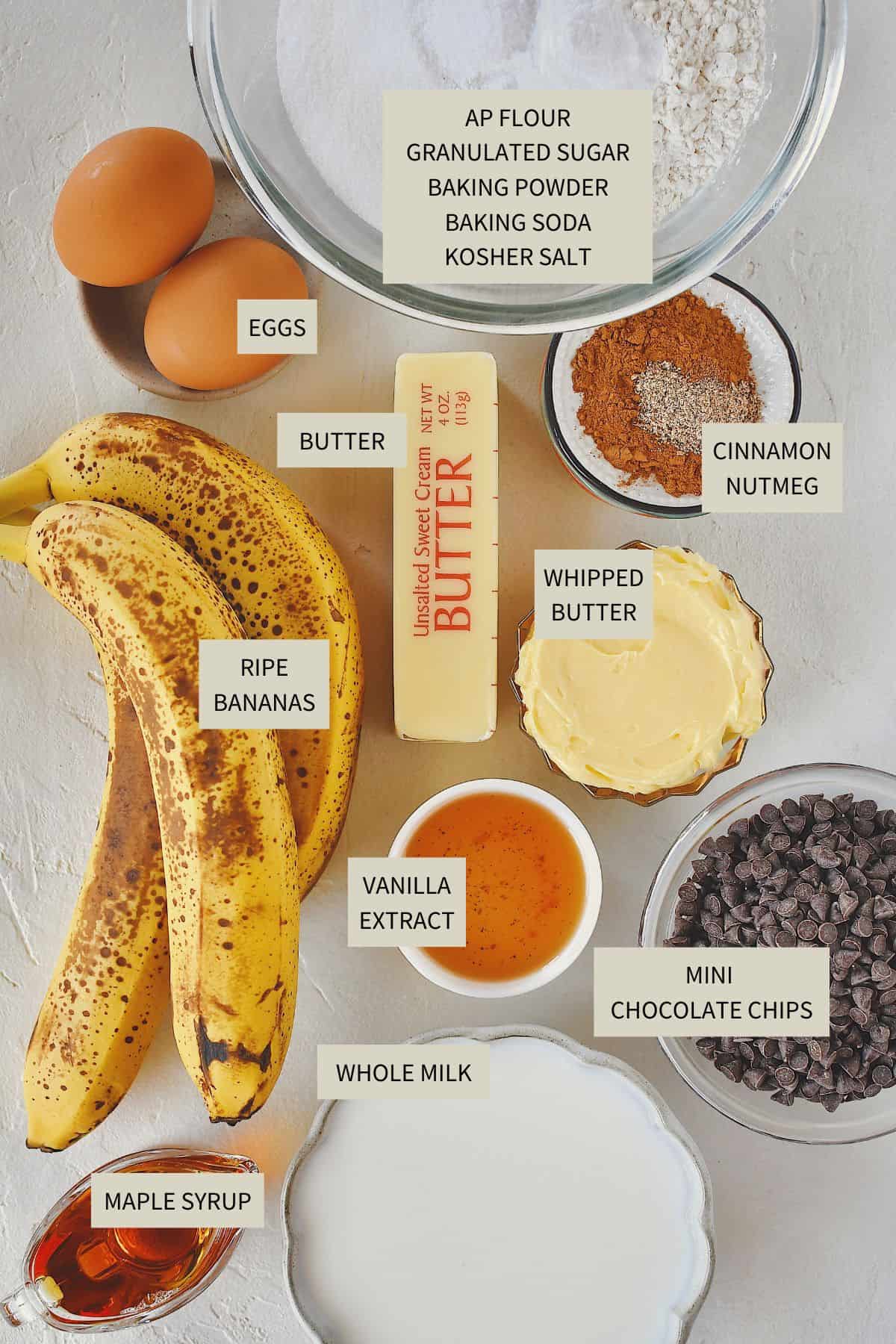 Ingredients needed to make Banana Chocolate Chip Pancakes.