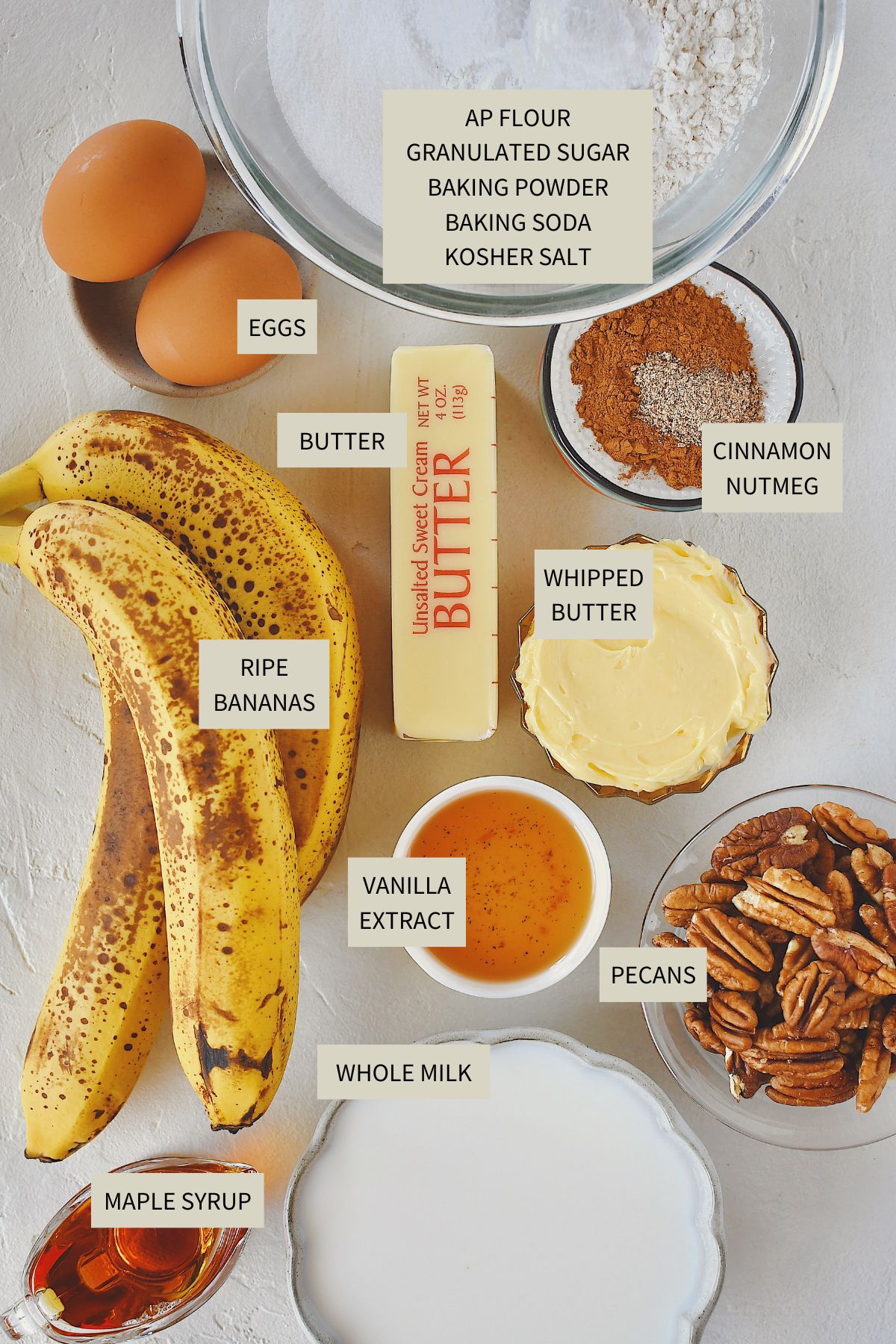 Ingredients needed to make Banana Pecan Pancakes.
