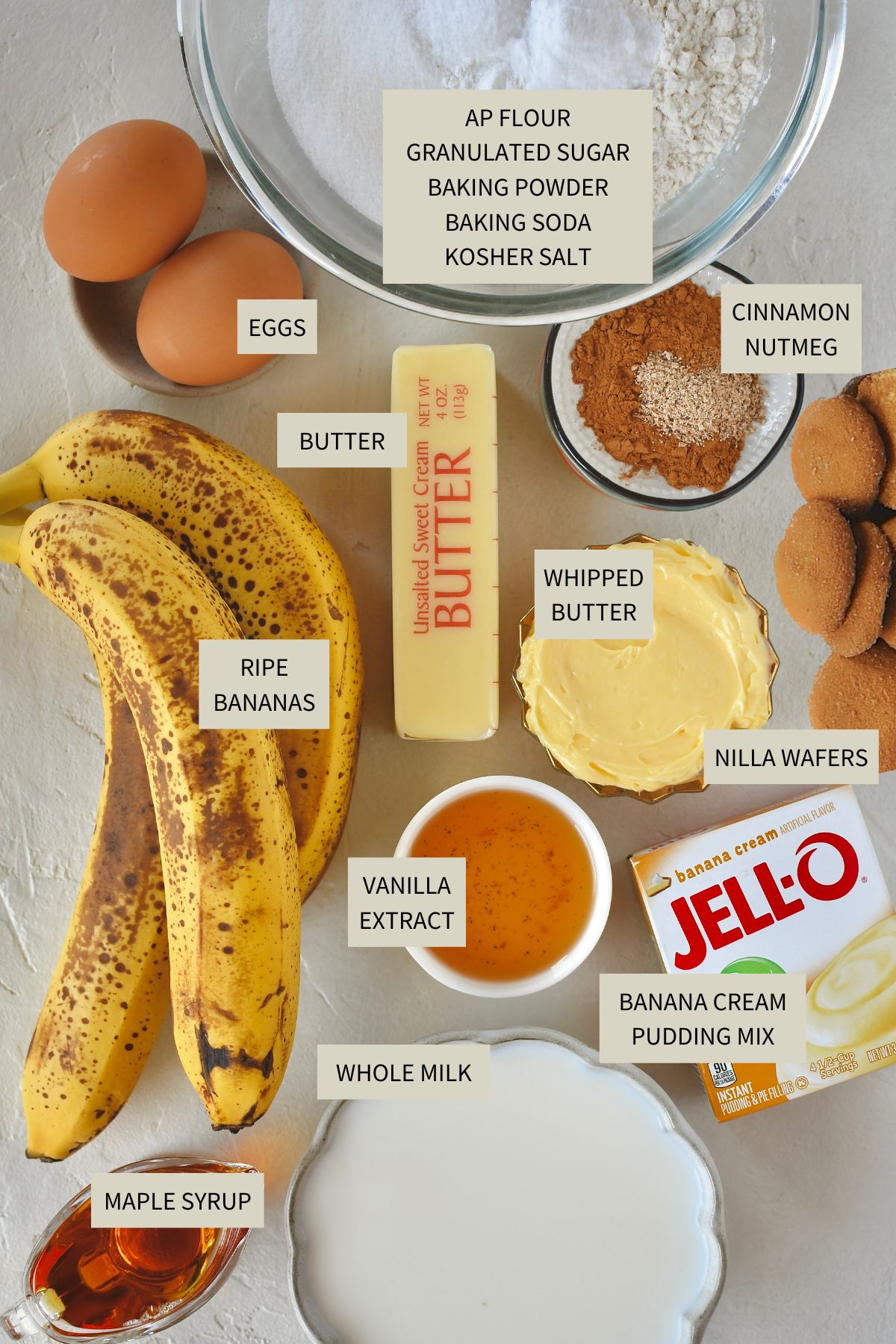Ingredients needed to make Banana Pudding Pancakes.