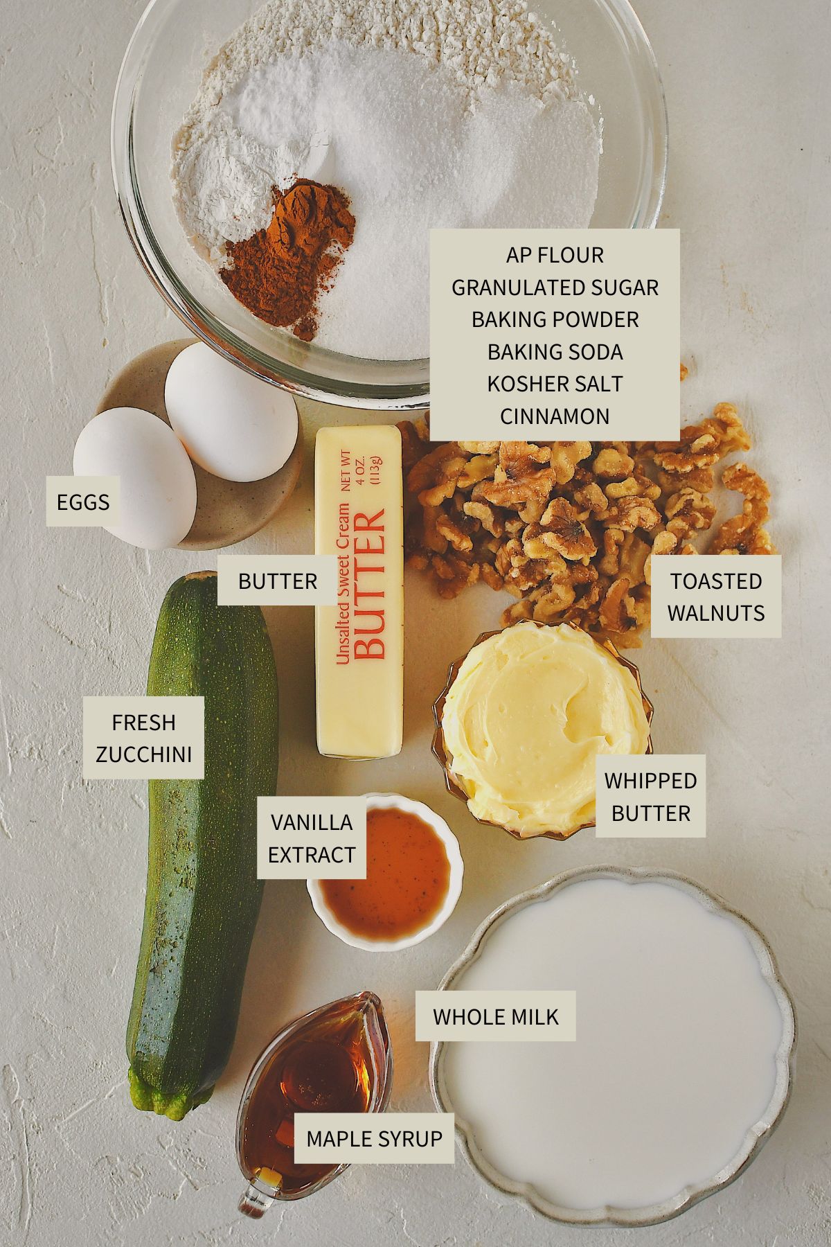 Ingredients needed to make Zucchini Bread Pancakes.