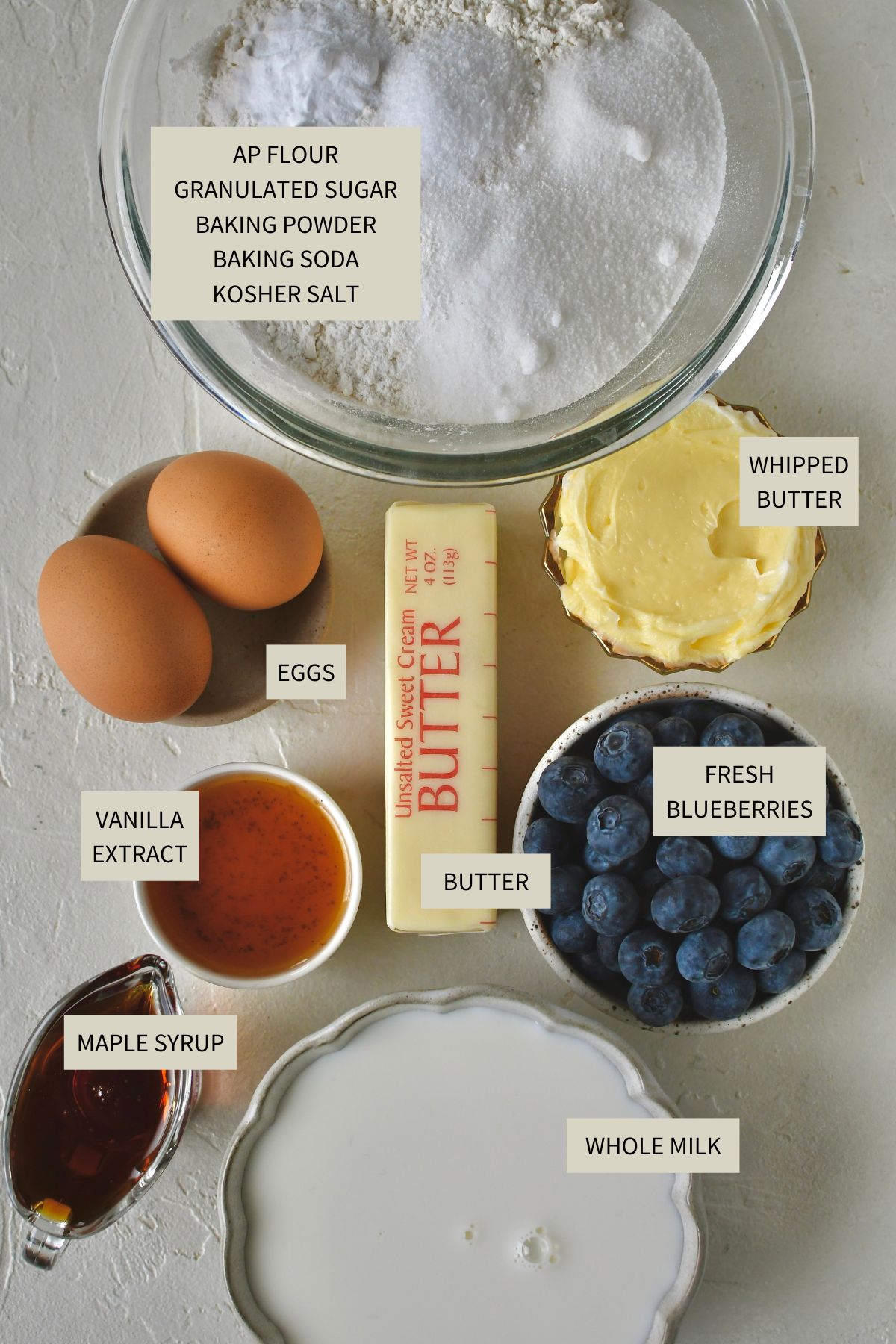 Ingredients needed to make Blueberry Pancakes.