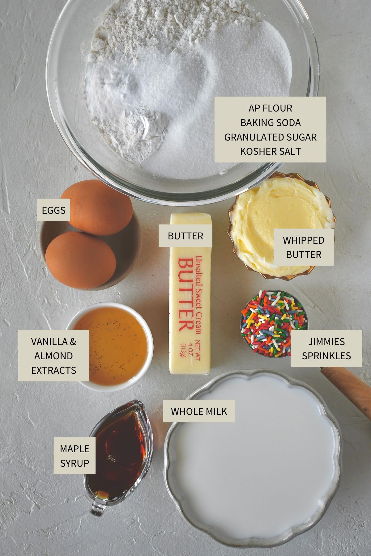 Ingredients needed to make Birthday Cake Pancakes.