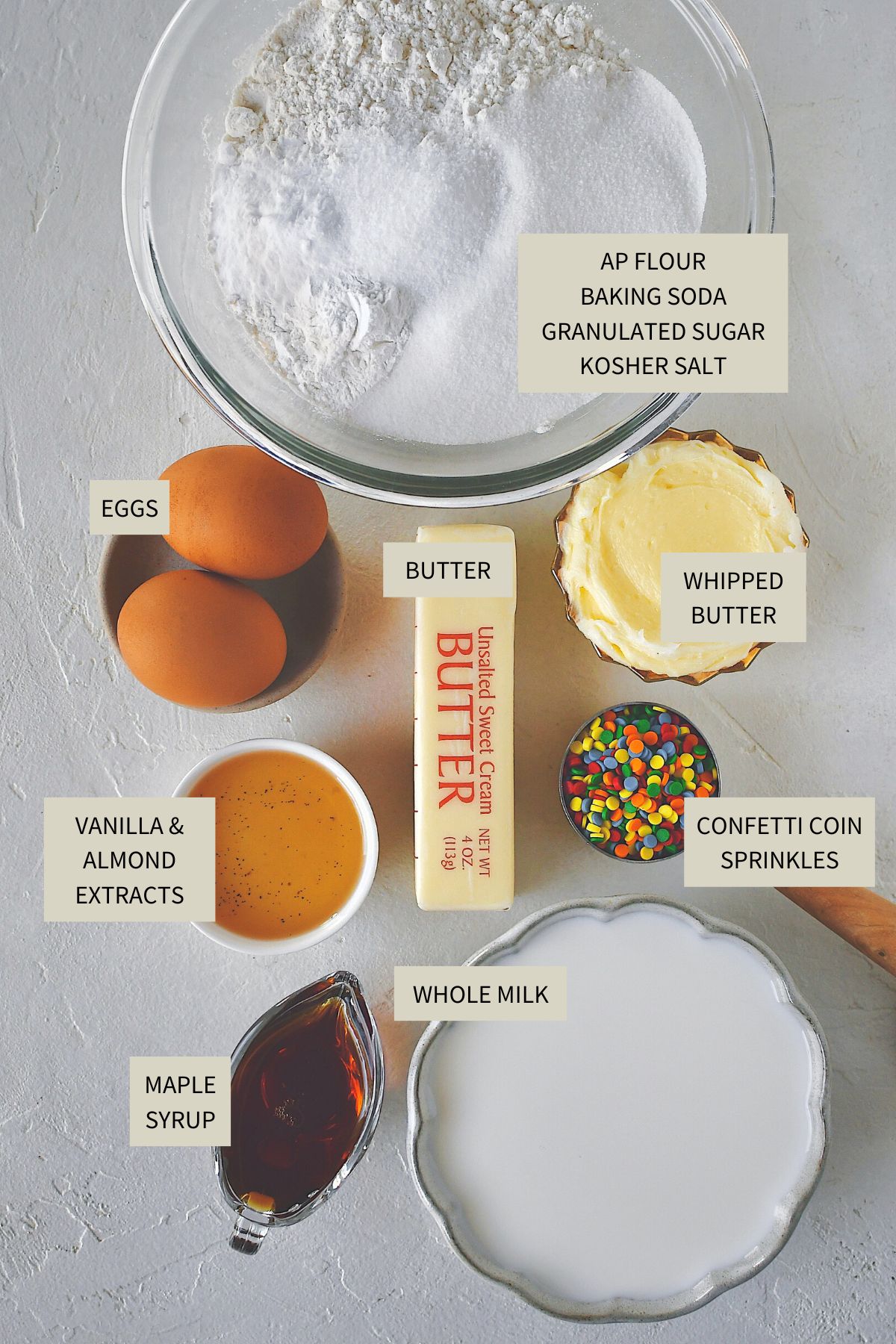 Ingredients needed to make Funfetti Pancakes.