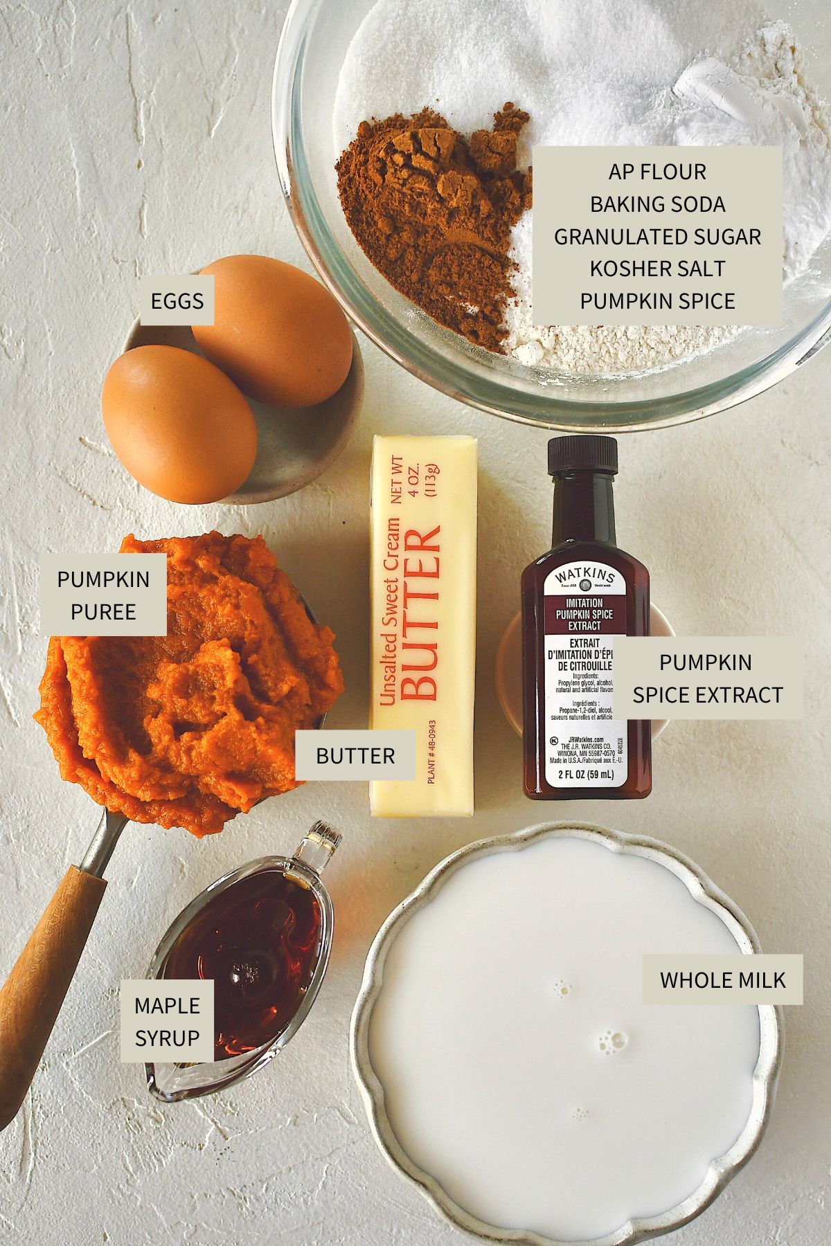 Ingredients needed to make Pumpkin Pancakes.
