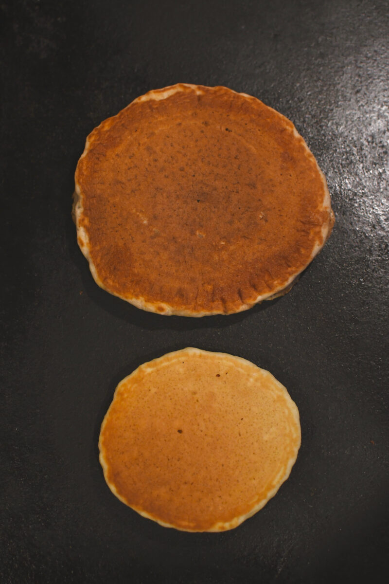 Making two different sized pancakes, one for the turkey body and for the head.