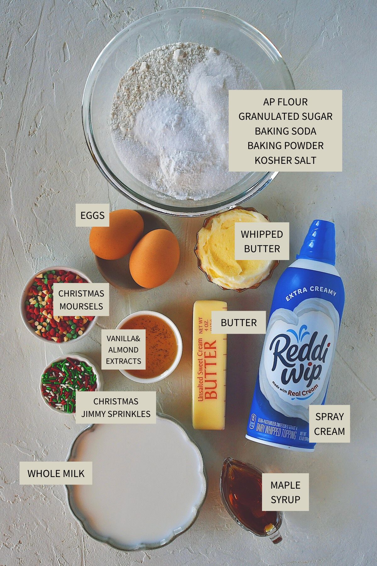 Ingredients needed to make Christmas Pancakes.