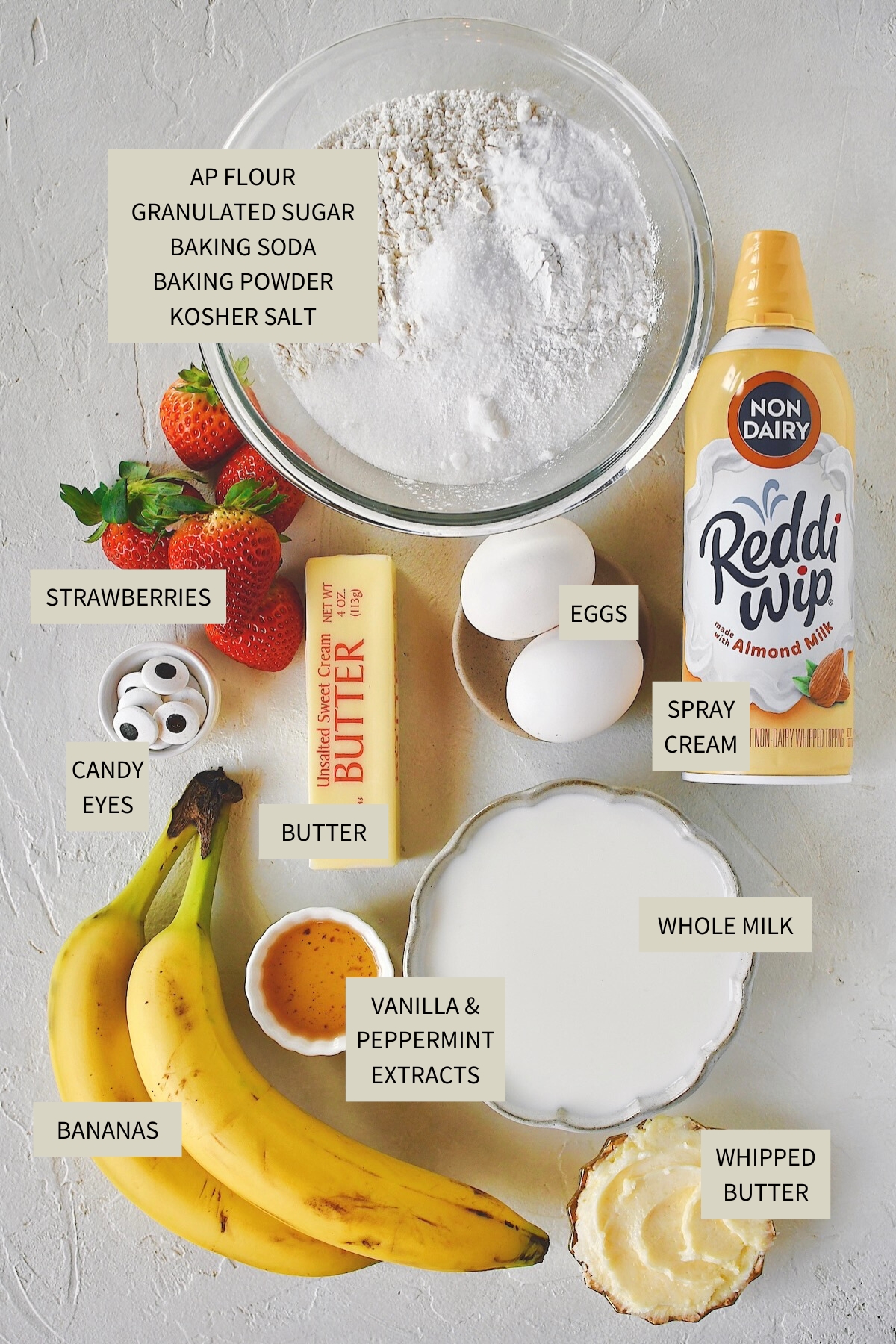 Ingredients needed to make Santa Pancakes.