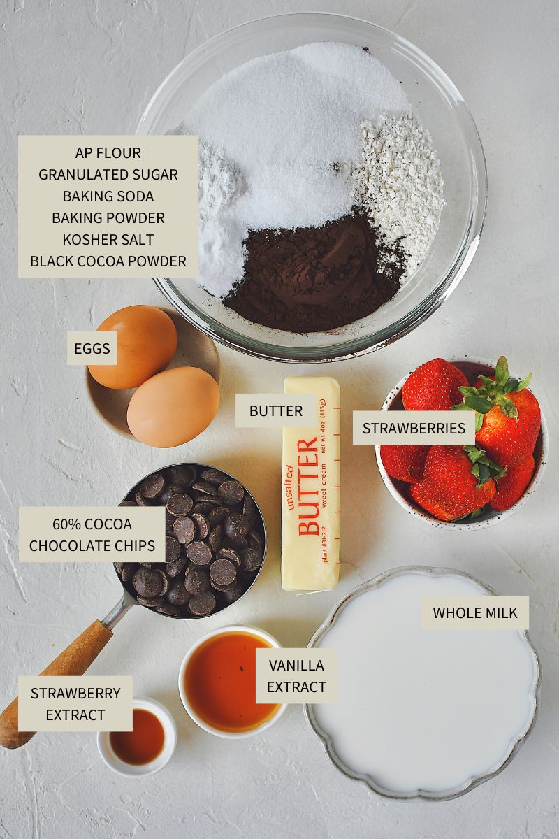 Ingredients needed to make Chocolate Strawberry Pancakes.
