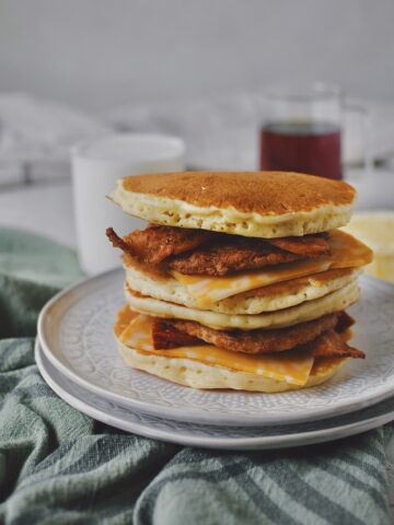 Two assembled pancake sandwiches stacked up.